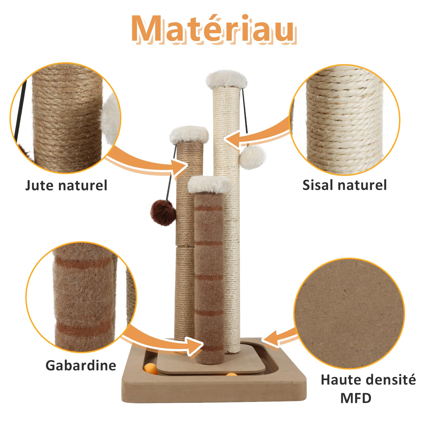 AUSCAT Griffoir pour Chat avec 3 poteaux à griffer, Griffoir Vertical en sisal avec balles suspendues et balles sur Rail, Griffoir pour Chats et Chatons d'Intérieur