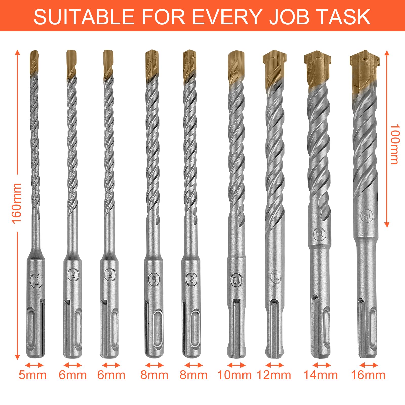 Rseuphiee Set di Punte per Trapano a Percussione SDS Plus, 9 Pezzi Punte da Trapano Ha 4 taglienti, 5/6/6/8/8/10/12/14/16 x 160 mm, Da utilizzare su calcestruzzo, mattoni, cemento, pietra, piastrelle