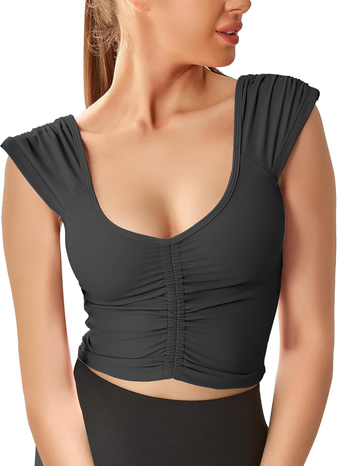 Women Workout Tops Sleeveless Yoga Longline Sports Bra Cutout Short Sleeve Crop Tank Top Gym Running Athletic Shirt U-Back