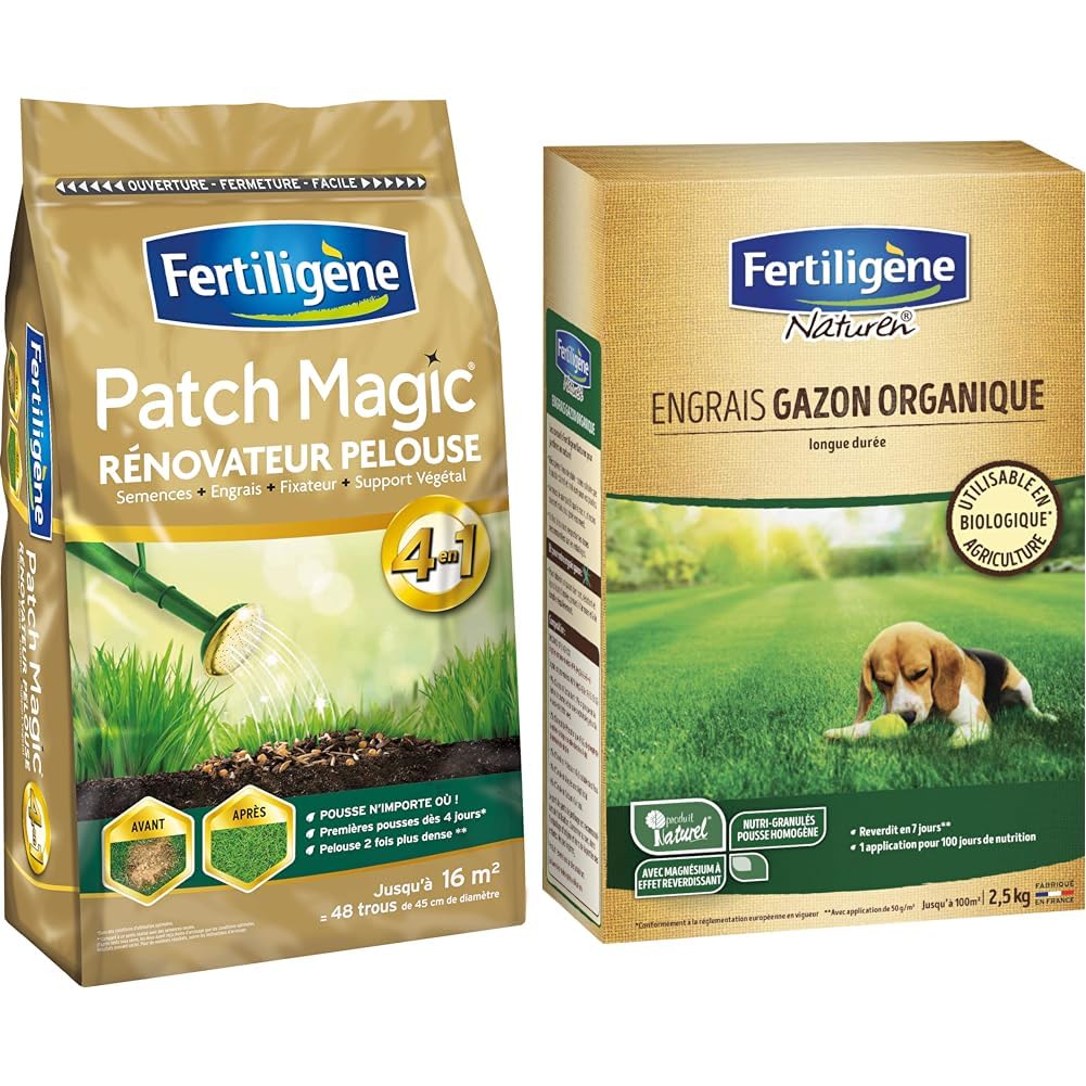 FERTILIGENE FPATCH36C - Patch Magic Rénovateur de Pelouse 3,6 kg - Formule 4 en 1 & FERTILIGENE NATUREN NATGAZ1C - Engrais Gazon Organique UAB 2,5 kg - Reverdit en 7 jours - 1 application
