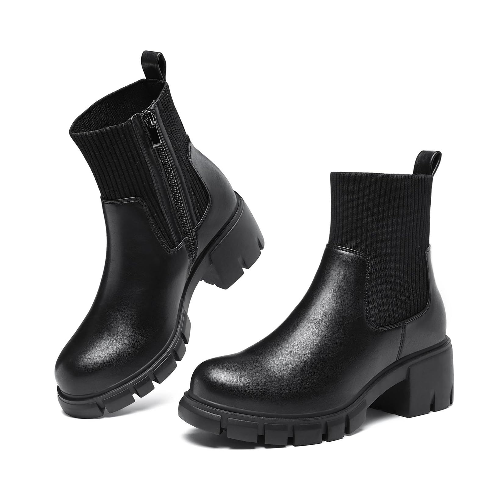 ziitop Damen Chelsea Boots mit Reißverschluss Chunky Plateau Stiefeletten mit Blockabsatz Profilsohle elastischem Einsatz und runder Zehe