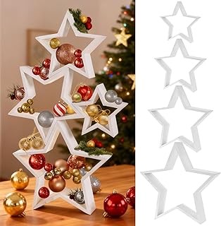 4 PCS Christmas Wooden Star Tabletop Decor Centerpiece Sign for DIY Ornament Crafts Star Sign Table Fireplace Mantle Bookshelf Tiered Tray Accents for Xmas Home New Year