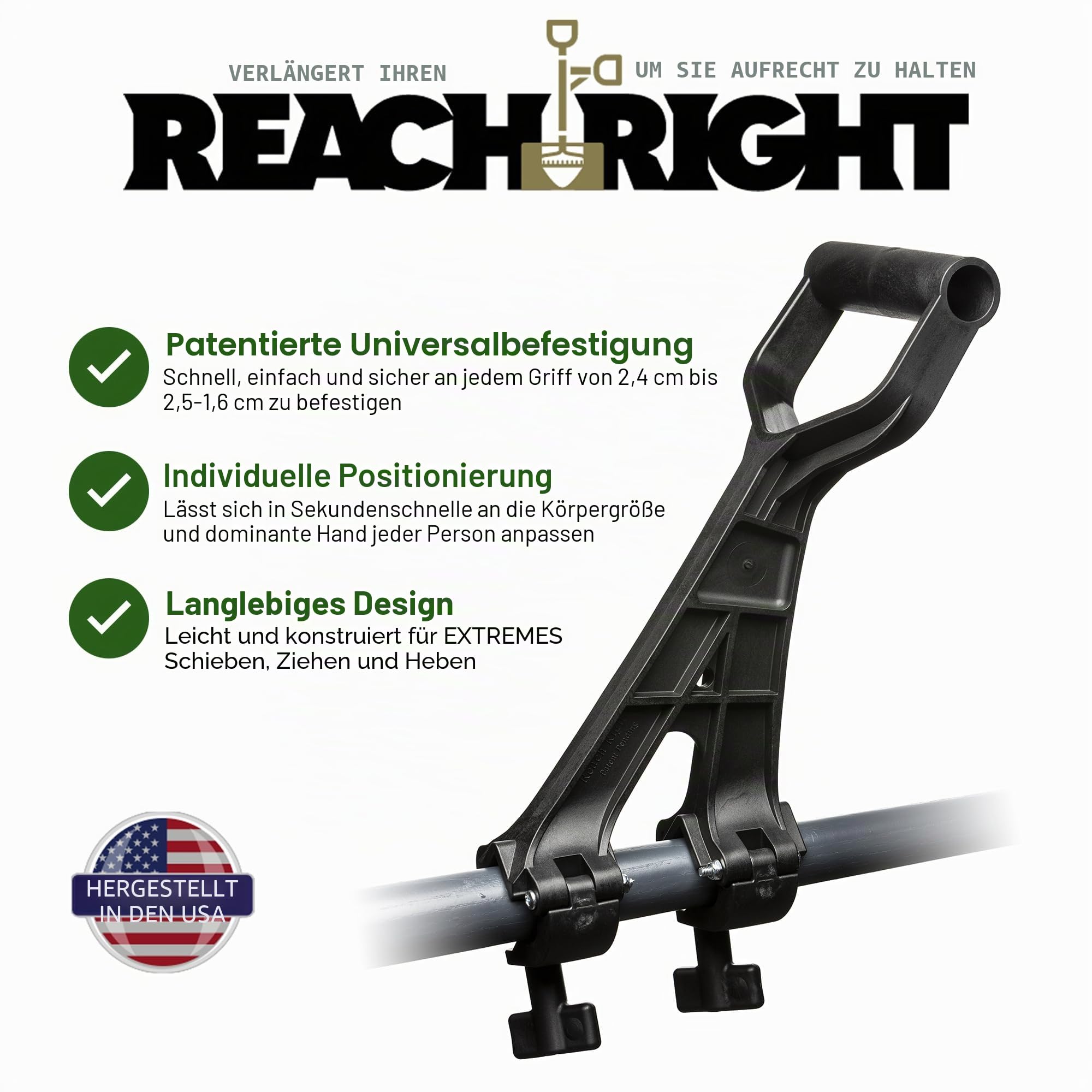 Reach Right Rückenschonender Aufsatz, verwandelt normales Werkzeug in ergonomisches Hof-Werkzeug, Rückenschoner-Griffbefestigung, universell passend für Unkrautfresser, Schneeschaufel, Rasentrimmer,