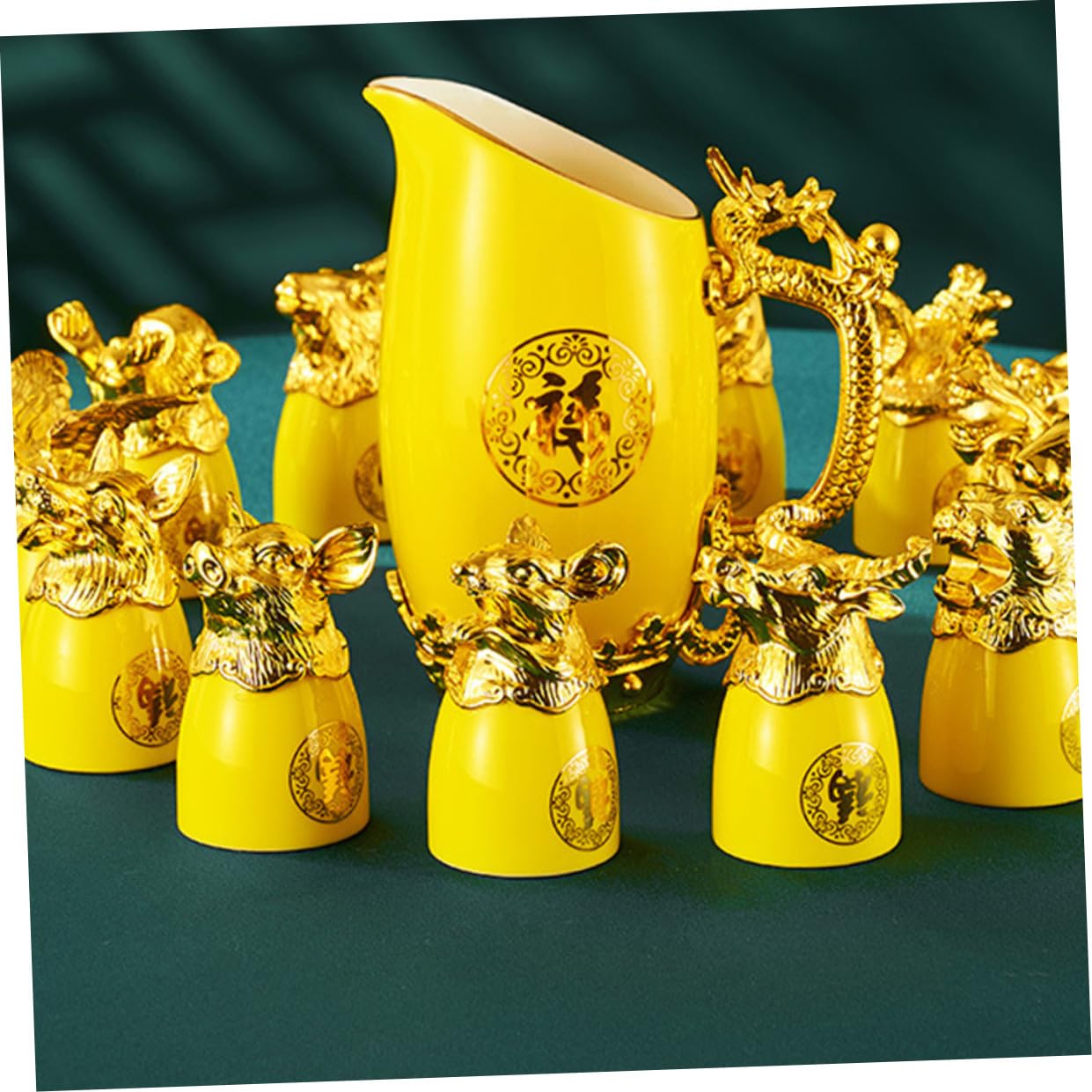Kichvoe Chinese 12 Zodiac Animals Liquor Cup Retro Shot Glass Drinking Cup Wine Dispenser Wine Decanter for Korean Soju Whiskey Baijiu Yellow