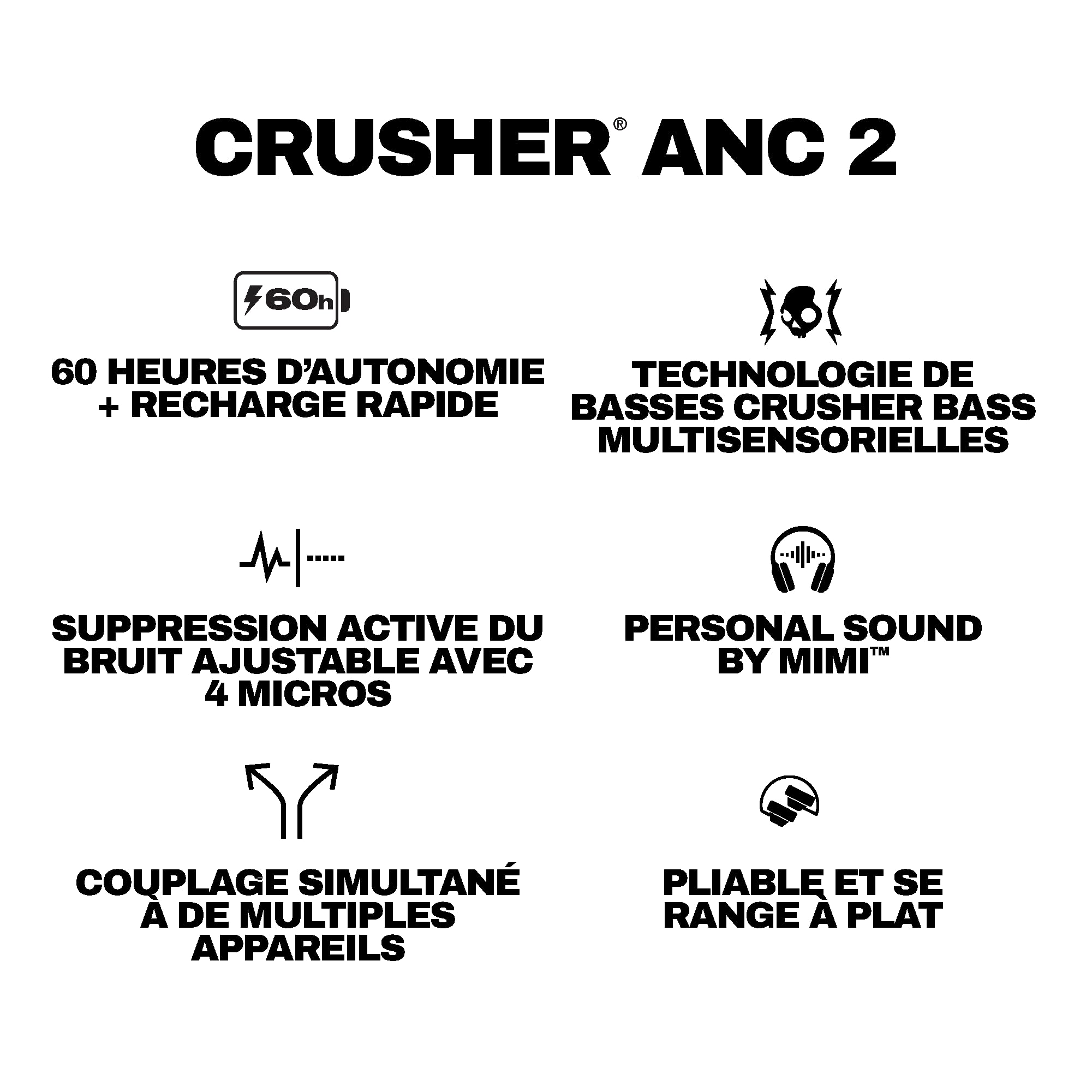 Skullcandy Crusher ANC 2 Wireless Over-Ear Bluetooth Headphones with Multi-Sensory Bass, Active Noise Cancelling, Up to 60 Hours Battery, Microphone for iPhone Android - Primer
