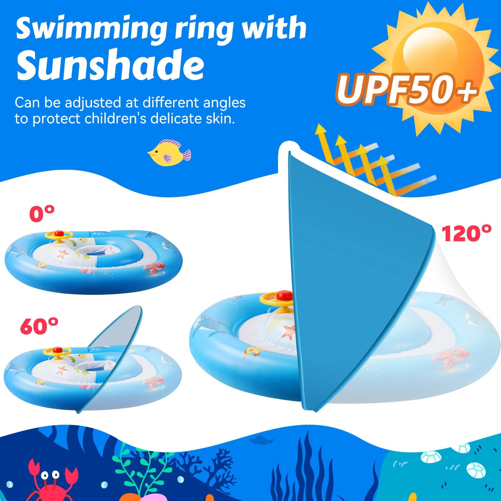 Schwimmring Baby (6-36 Monate, Max. 20 kg) – Doppelkreis-Design mit UPF50+ Sonnendach & Spielzeug-Hupe – Verstellbarer Sicherheitssitz, doppelte Luftkammern – Ideale Schwimmhilfe für Kleinkinder