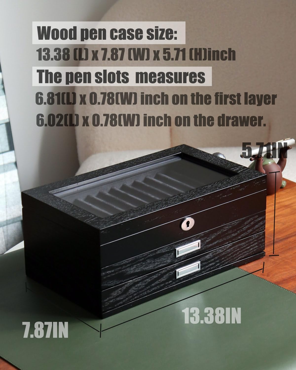 Pen Display Case with 36 Pen Slots, Fountain Pen Case, Wood Pen Storage Organizer, Pen Box Display for Men Gift, Pen Display Box with Glass Window(black ash veneer finish, dark gray velvet)