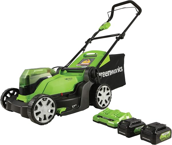 The Greenworks 48V 17-inch lawn mower offers a convenient battery-powered solution for maintaining your yard.