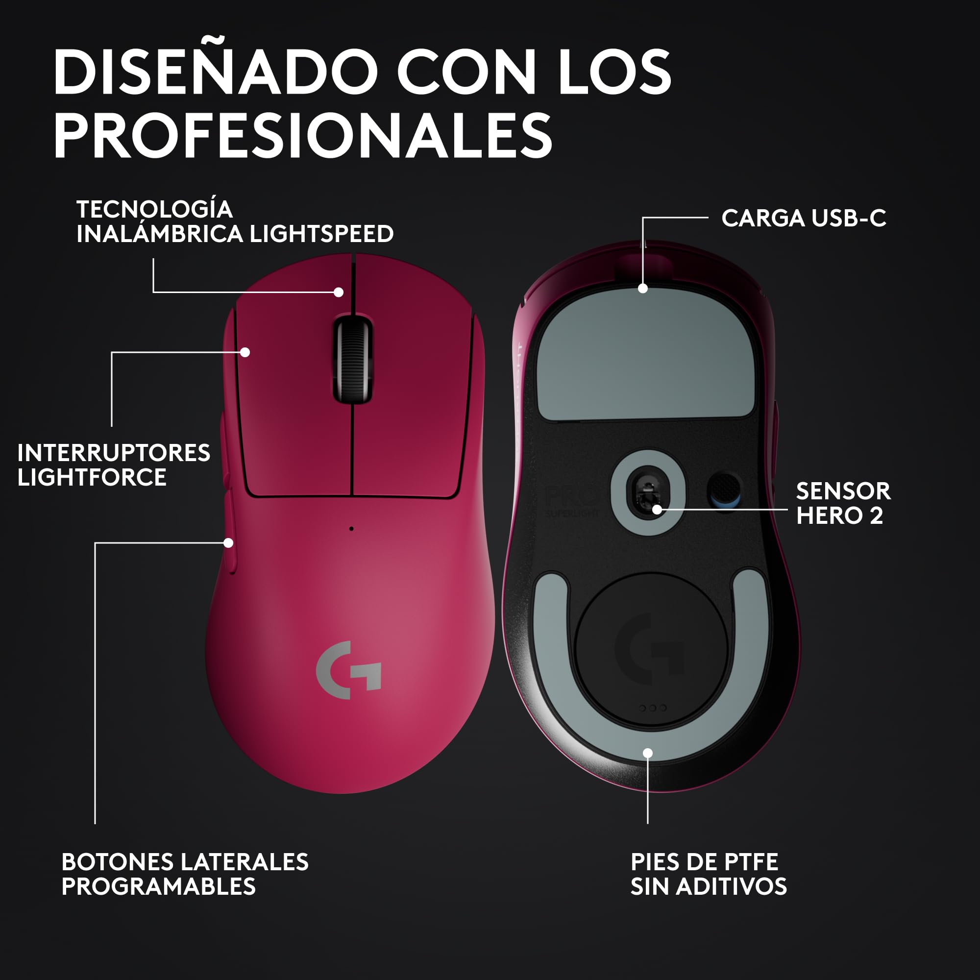 Logitech G Pro X Superlight 2 Dex Wireless Gaming Mouse | 60g pro-grade right-handed mouse, 5 buttons, USB-C, 44k DPI, up to 8 kHz polling, PC/Mac - Rosa