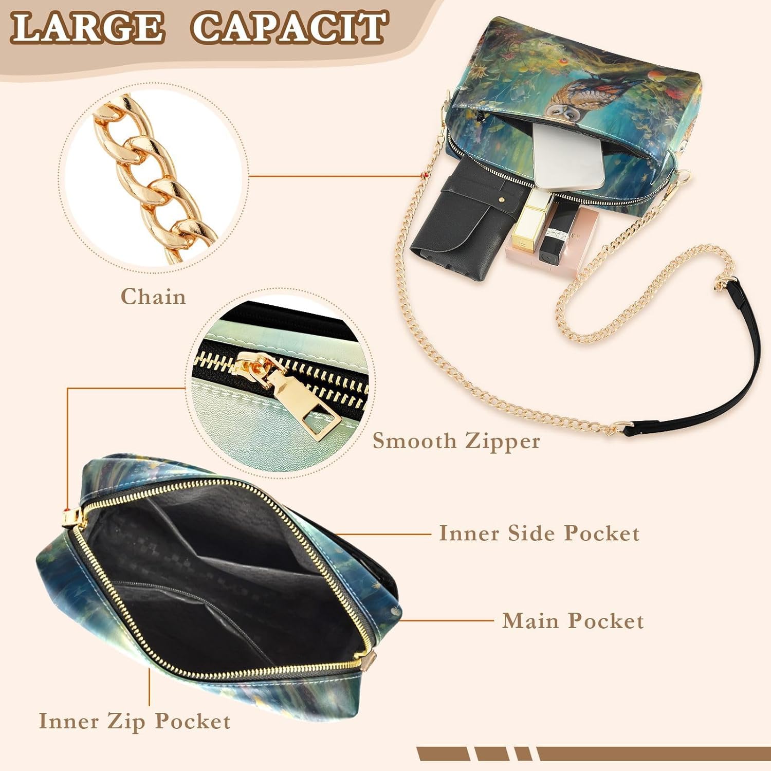 Women Crossbody Bag Shoulder Handbag Cellphone Purse PU Leather Metal Chain Strap Water Resistant Zipper Closure Fantasy Owl Forest Print