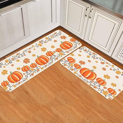 Miniatura 2 de Alfombras de cocina de Acción de Gracias, 2 piezas de hojas de arce y calabaza naranja, antideslizantes, para piso, alfombra de pasillo lavable para