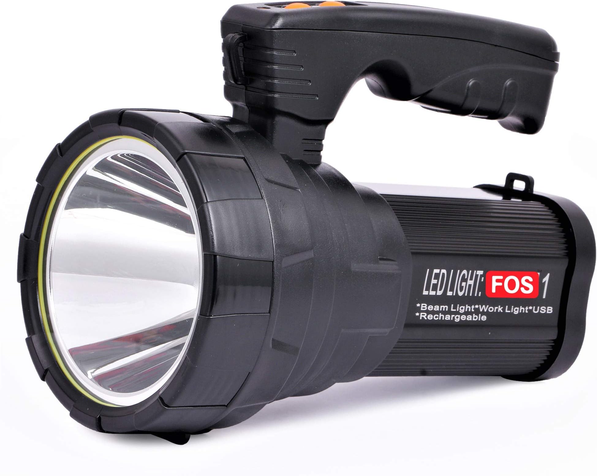 FOS LED Search Light 15W, 1550 LUMENS with 15,600 mAh Lithium Ion Battery (Range 1 Km.) - Multi-Functional Rechargeable Handheld Torch