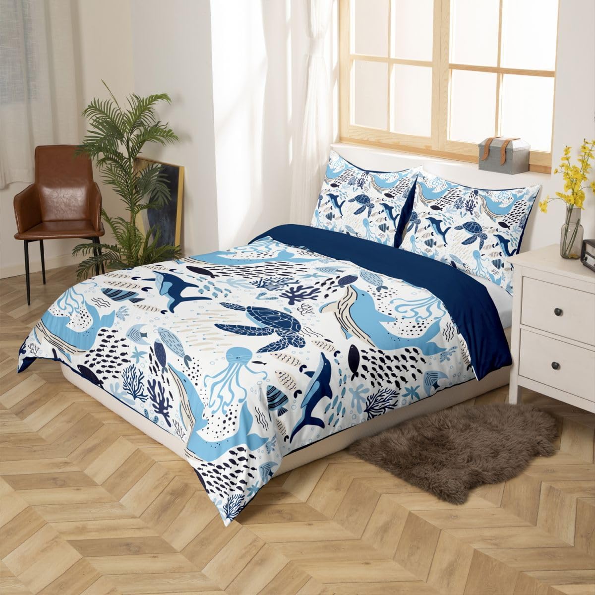 Erosebridal Turtle Bedding Sets Twin White Blue Whale Decor Teen Duvet Cover Set,Octopus Pattern Ocean Theme Comforter Cover Set Underwater Children Comforter Cover for Adult Kids Girls Boys