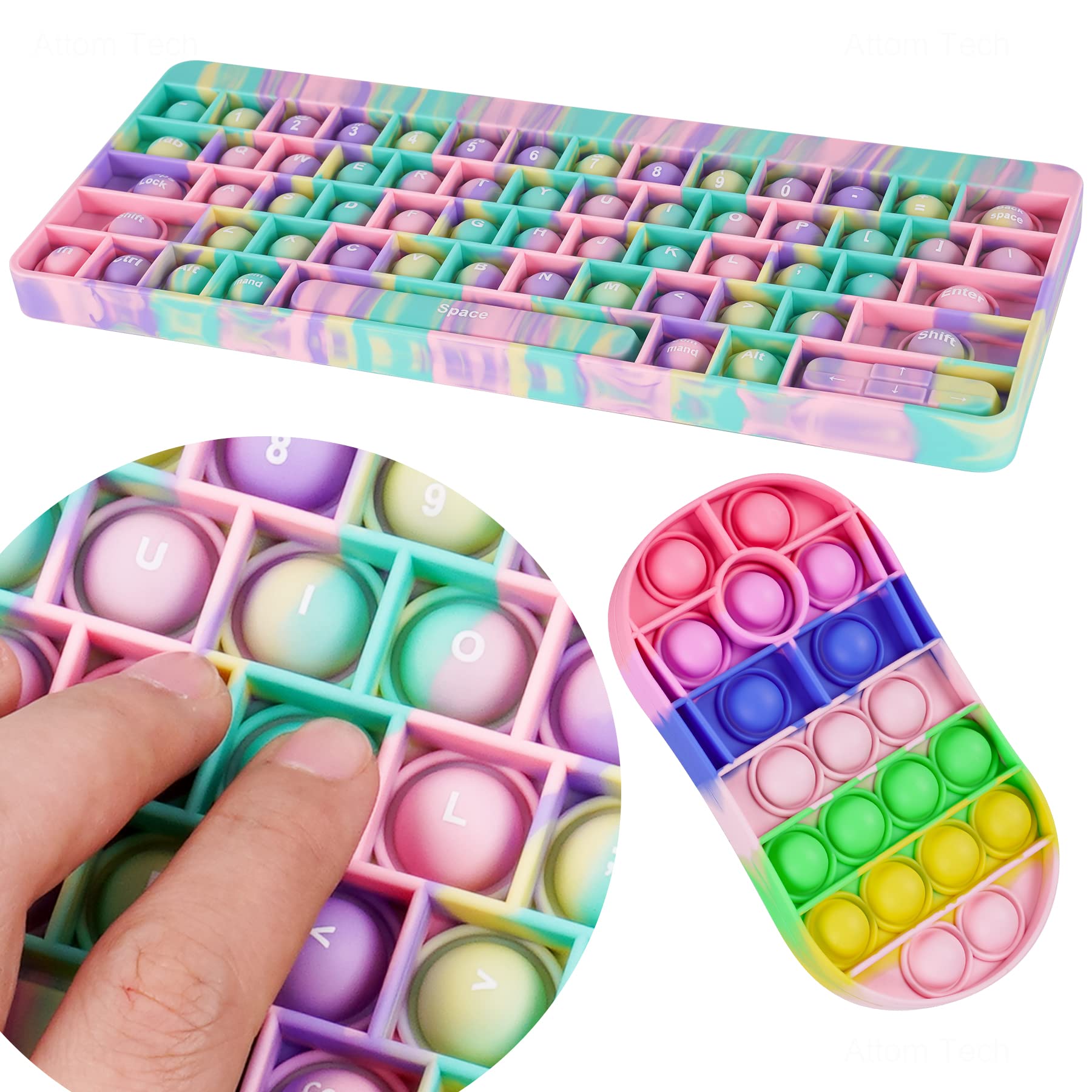 NiToy 2PCS Mouse & Keyboard Push Pop Bubble Fidget Sensory Toys, Large Bubble Silicone Computer Accessory with Alphabet Number Squeeze Toy Stress Anxiety Relief Early Learning (Tie-Dye Macaron)