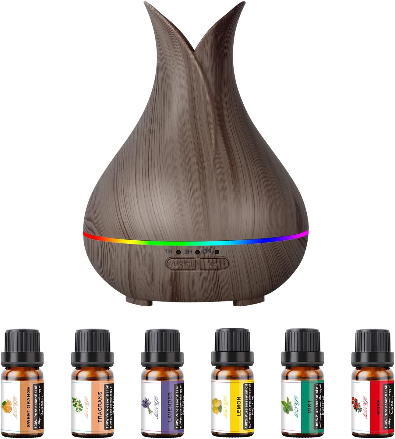 Grevol Essential Oil Diffuser with 6 Essential Oils Set, 150ml Small Cute Aroma Diffuser with 15 Color LED Light&3 Times, Ultra-Quiet Aromatherapy Diffusers for Home Bedroom(Dark Wood) BH-L