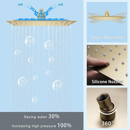 Miniatura 4 de WHSHOWER Juego de grifo de ducha dorado cepillado de 12 pulgadas, sistema de ducha montado en la pared con 4 chorros corporales, accesorios de ducha