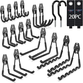 3-H 20 x Garage Hooks Heavy Duty Wall Hooks for Maximum Load Capacity Black Double hook with 3 round welding points for storing garden tools ladders power tools in garage and garden