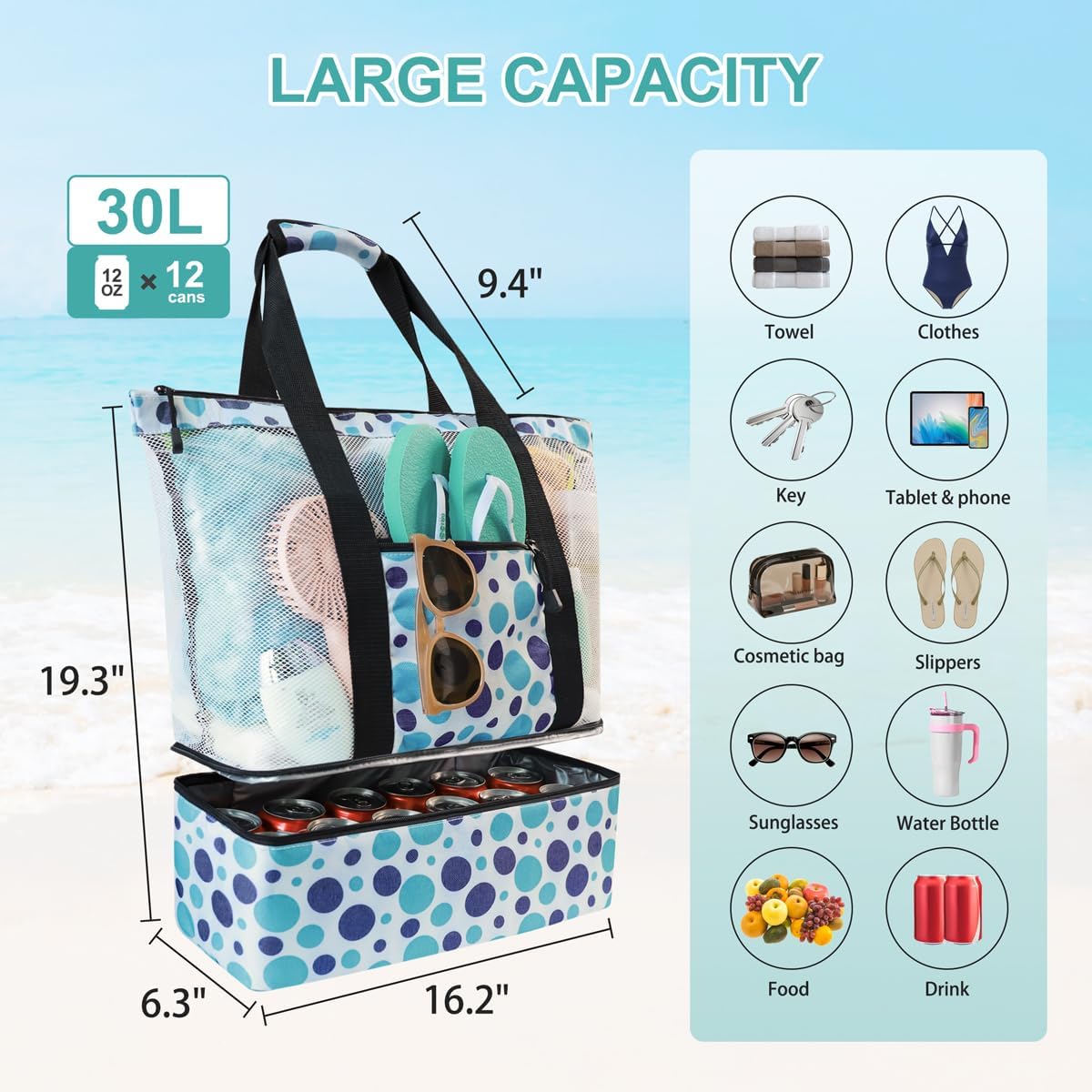 ASL Mesh Beach Bag with Cooler Compartment for Women, 2-in-1 Print Travel Tote 30L with Zipper and Pockets, Pool Picnic - Image 3