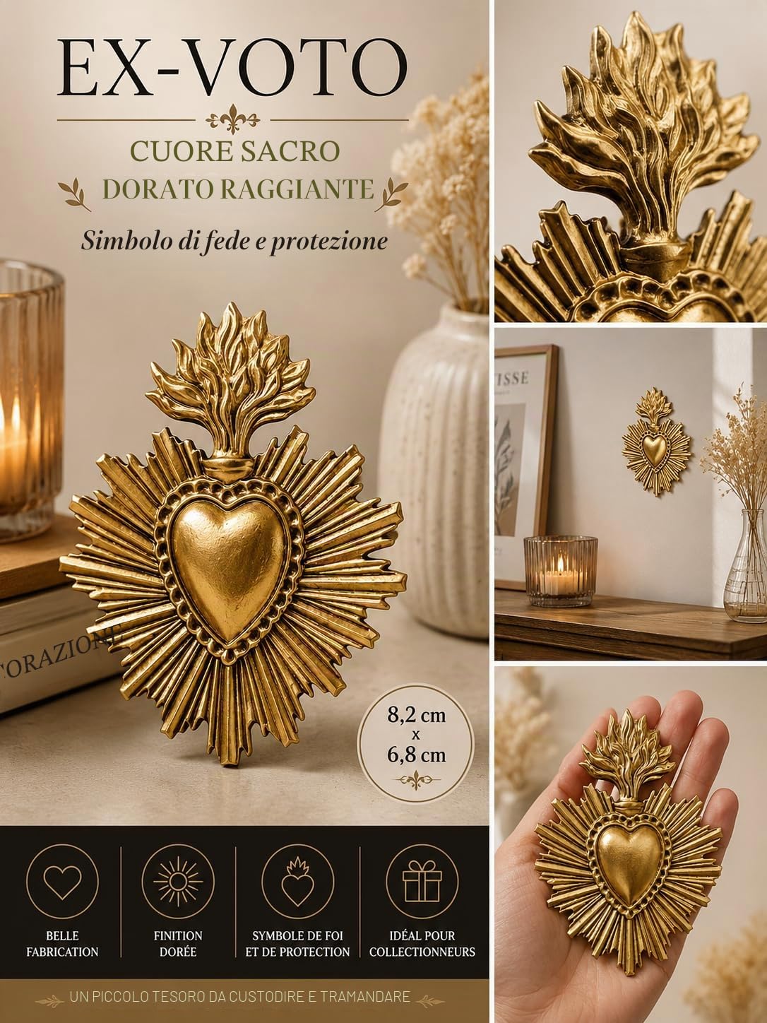Générique Ex-voto Cuore Sacro Dorato Radiante Bella Fabbricazione Dimensioni 8,2 cm x 6,8 cm, Perfetto per collezionisti di Ex-Voto