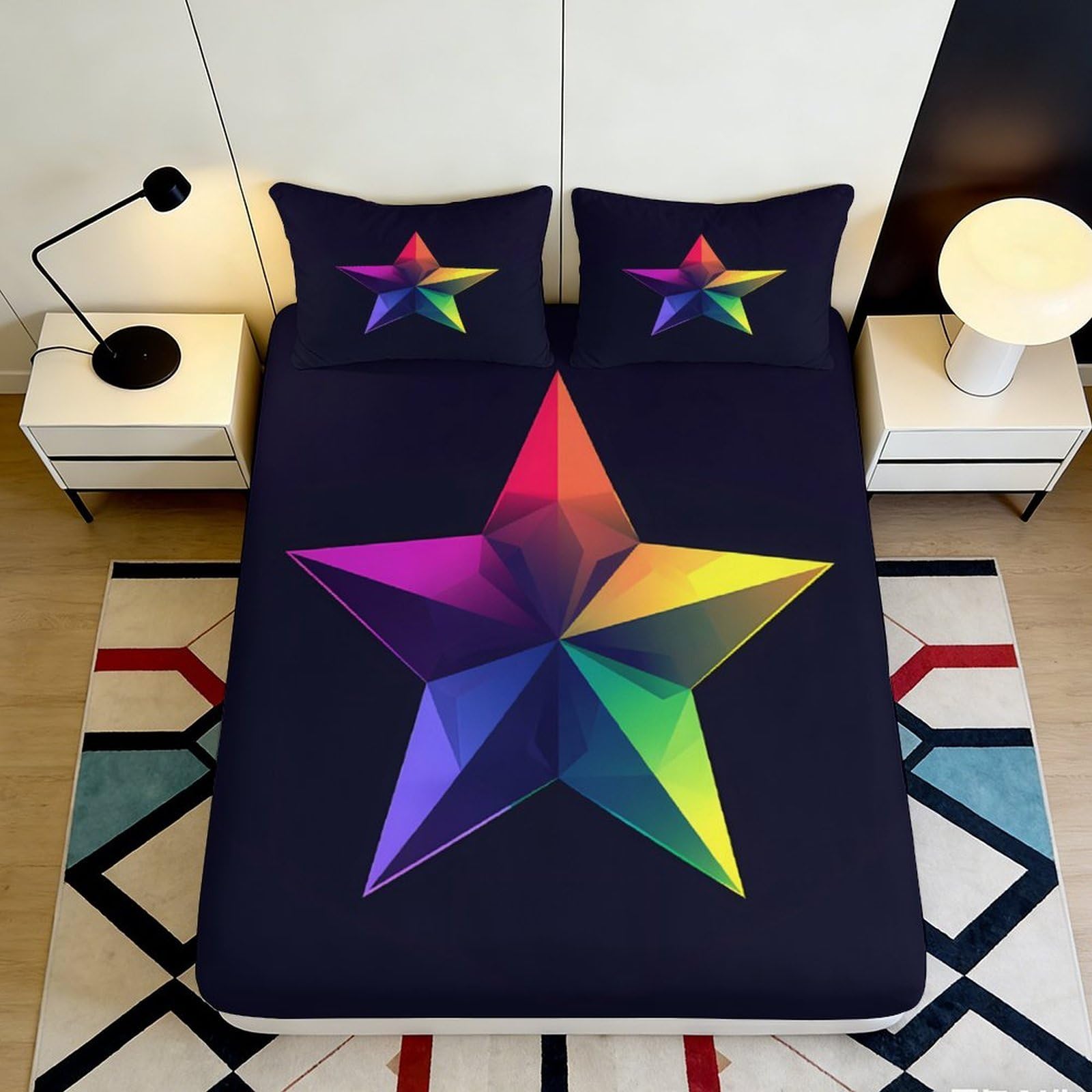 3D Printed Rainbow Geometric Star Fitted Sheet Microfiber Soft Mattress Cover for Bedroom Dorm Protection Decor 90x200x25cm
