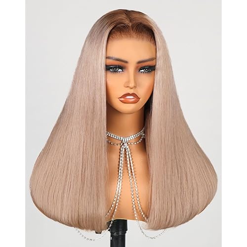 MEGALOOK 12A Glueless Human Hair Pre Plucked Pre Cut 65 HD Lace Front Wig 220% Density Straight Ash Blonde Wig Bleached Knots 16 Inch