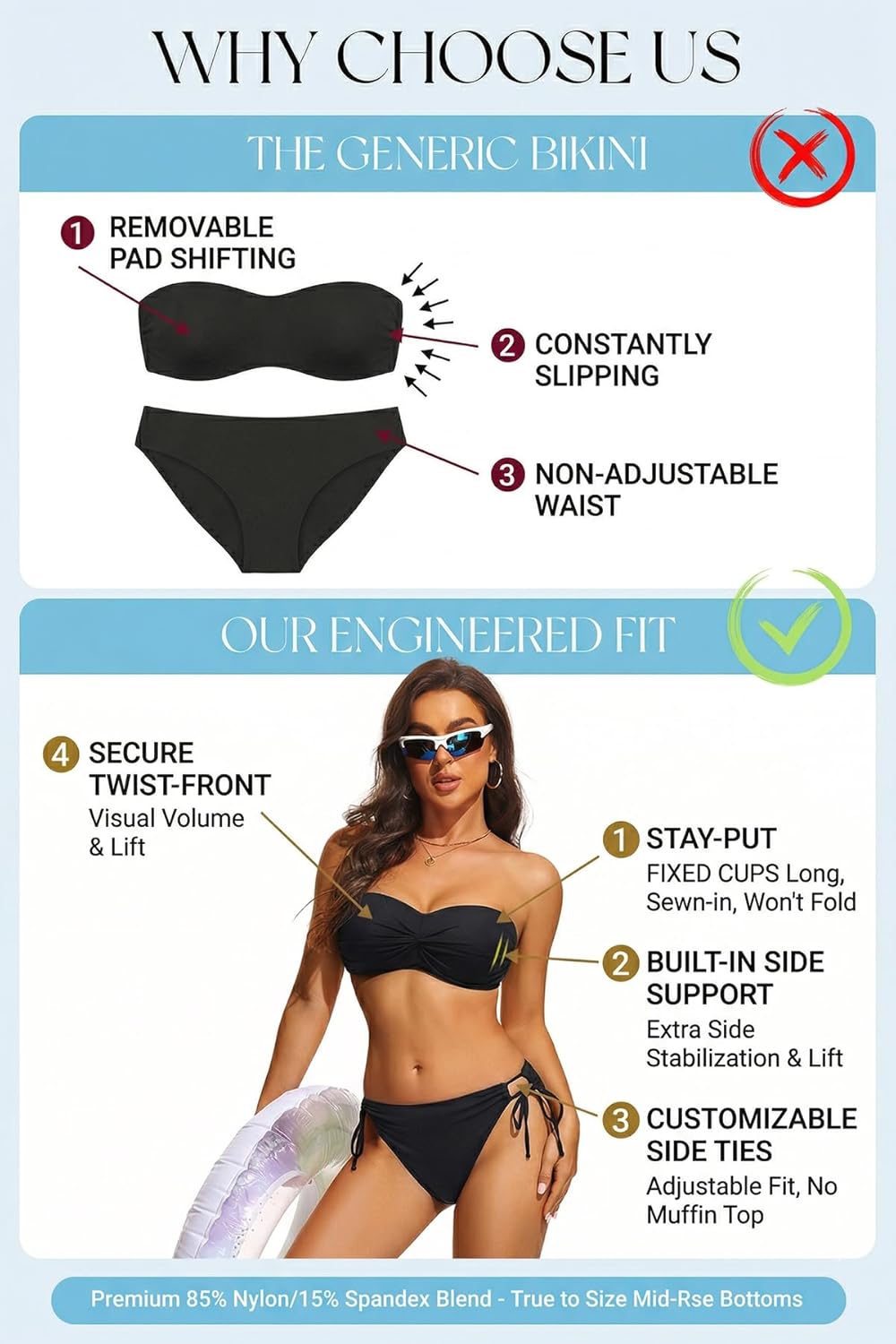 Yonique Women Strapless Bandeau Bikini Set - Tie Side Bathing Suit Full Coverage Swimsuit 2026 Tube Two Piece Swimwear
