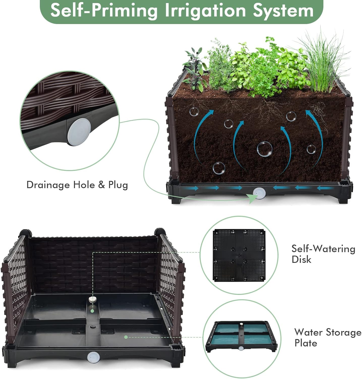 TANGZON Set of 2/4 Garden Raised Bed, Elevated Flower Plant Box with Self-Watering Device and Drainage Holes, Herb Vegetable Planter Container for Yard, Balcony & Patio (2 Sets, Brown)
