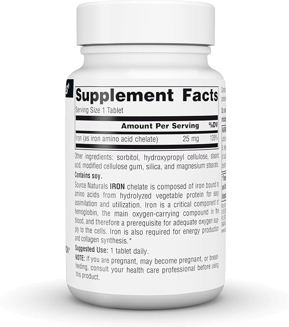 Source Naturals Iron, Amino Acid Chelate - Supports Energy Production* - 25mg - 100 Tablets