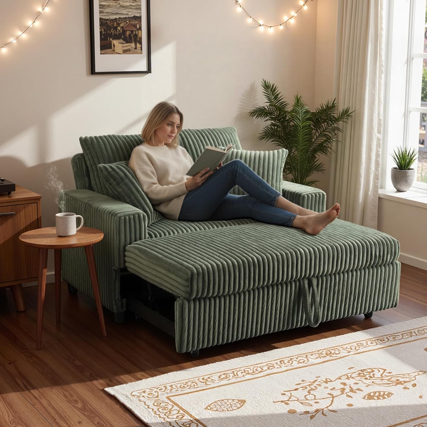 3 in 1 Convertible Sofa Bed，52.8" Pull Out Couch with Side Pockets，Modern Corduroy Fabric Loveseat Sleeper Sofa with Adjustable Backrest for Living Room Bedroom Apartment (Green Corduroy) | Pull Out Couch, Side Pockets, Adjustable Backrest, Loveseat Sleeper