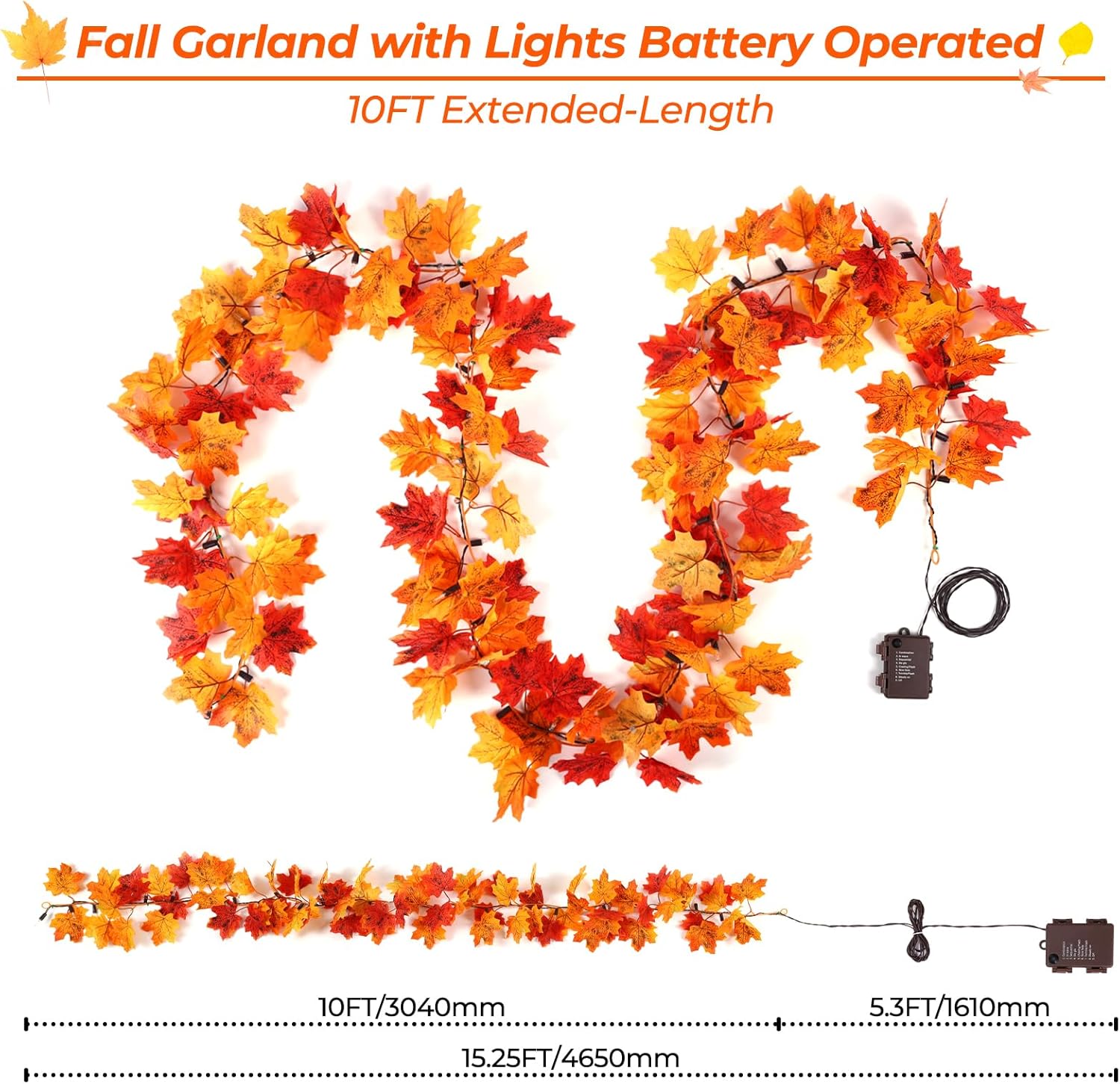 2Pack Fall Garland with Lights Battery Operated,10FT 50 Orange Bulbs Lighted Fall Leaves Garland,Fall Decorations for Home Thanksgiving,Mantel,Fireplace,Porch,Halloween,Table Decor Indoor Outdoor