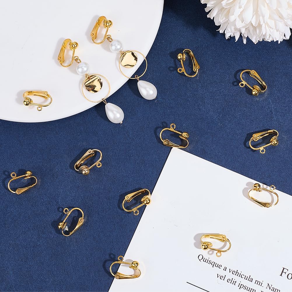 Beebeecraft 1 Box 36Pcs Clip Earring Connectors 18K Gold Plated Interchangeable Non-Pierced Clip On Earring Findings Components with Open Loop Flat Back for Jewelry Making DIY Crafts 16.5x7.5x13mm