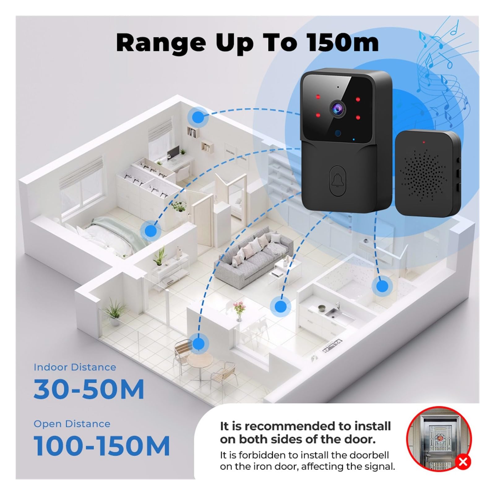 Sonnette Vidéo Intelligente WiFi Maison Intelligente sans Fil Téléphone Sonnette Caméra Sécurité Interphone Vidéo HD IR Vision Nocturne for Appartement(Color:ML1T-B)