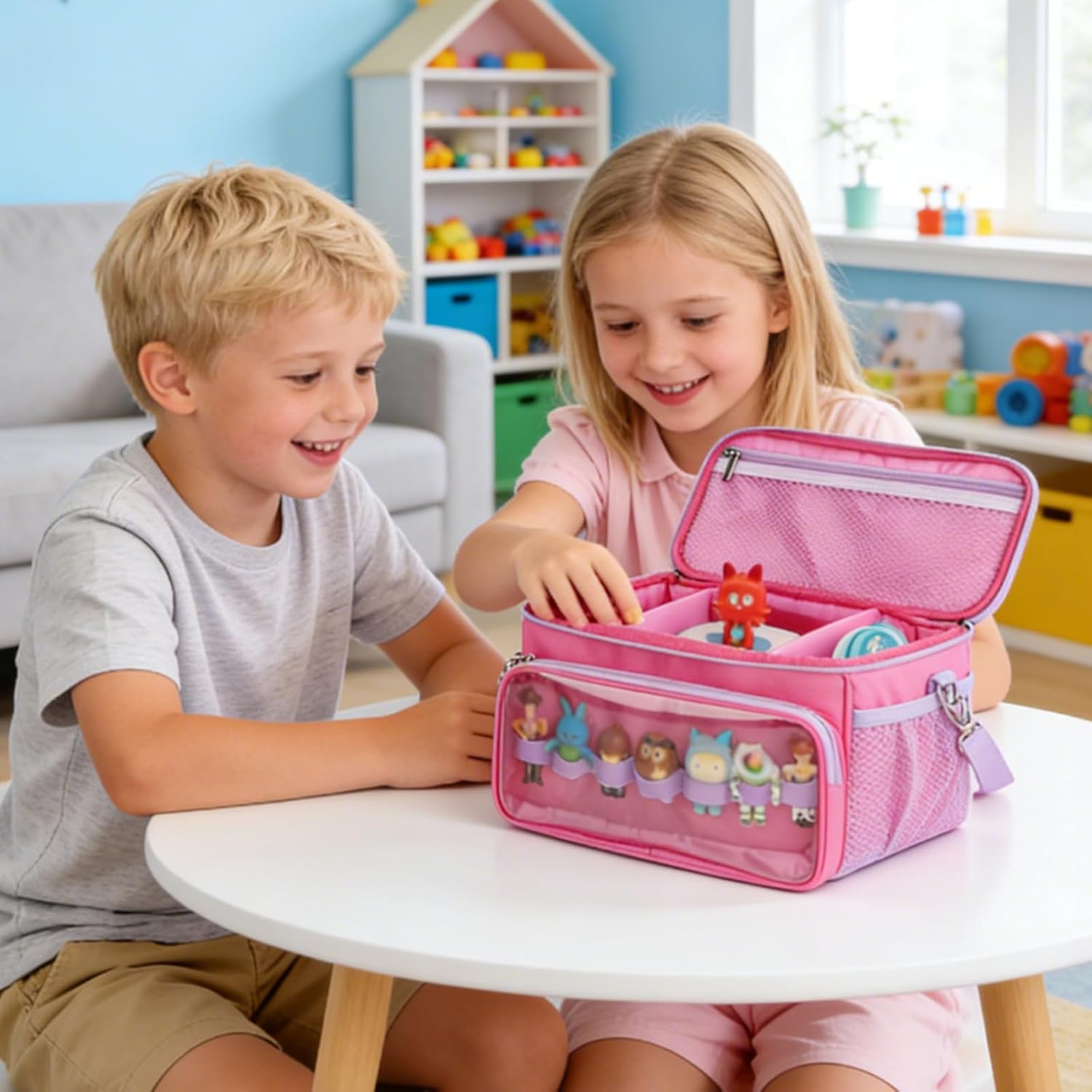 Carrying Case for Tonies Storage, Case for Tonie Box 1/2 Organizer Holder for Tonie Figures, Headphones and Charging Station, Portable Storage Bag with Shoulder Strap and Handle Bar(Pinkish Purple)