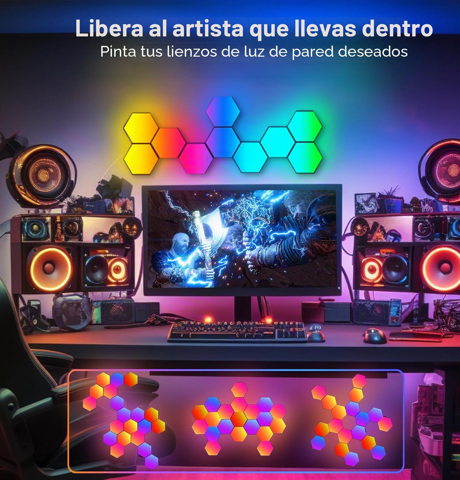Panel LED hexagonal para configuración de juegos, 14 hogares inteligentes de juegos LED, lámpara de pared hexagonal, funciona con Alexa Google Assistant, paneles de pared para juegos, control por voz,