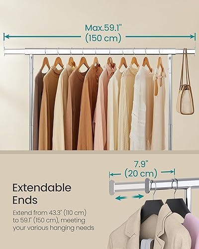 Vista 10 de SONGMICS Perchero con ruedas, perchero resistente con barra extensible para colgar, capacidad de carga de 286.6 libras, 17.7 x (43.3-59.1) x 64.1