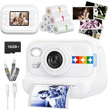 Kids Color Instant Print Camera Kids Camera with 5 Color Photo Paper, 48MP & 1080P Video, 21 Fun Frames, 32G Card, Christmas/Birthday Gifts for Girls and Boys Ages 3 4 5 6 7 8 9 10 11 12 -White