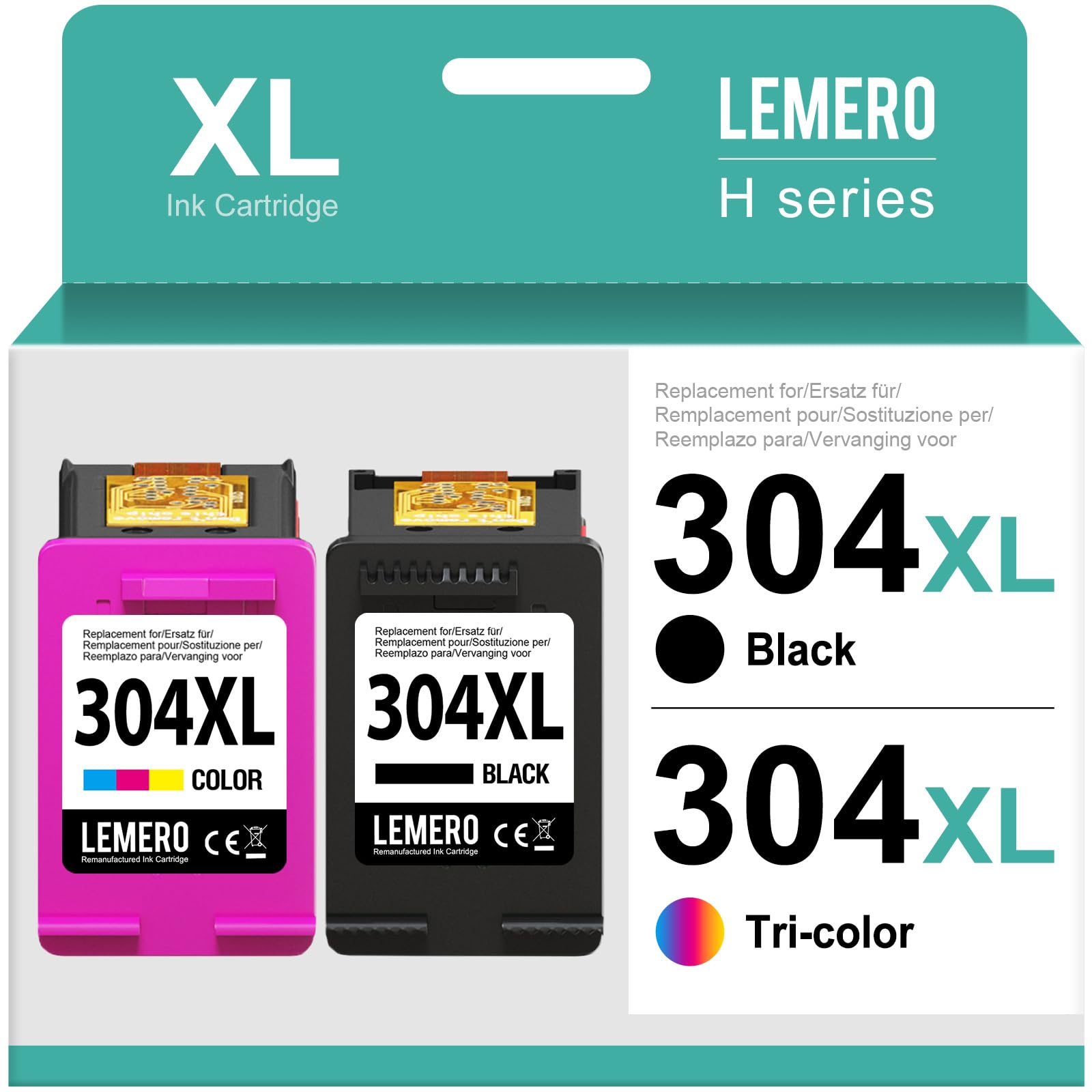 Lemero 304XL Cartuchos Compatibles para Tinta Impresora HP 304 XL Negro y Color Pack para HP Envy 5030 5032 5010 5020 DeskJet 2630 2633 3750 3760(Color Negro,2-Pack)