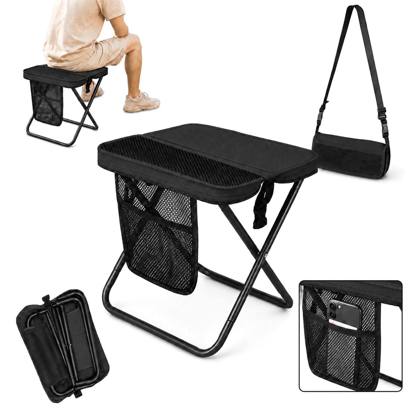 nnOuOnn Foldable Backpack Stool for Adults, Large Plush Portable Small Fold up Lightweight Seats, Mini Accessories for Camping Fishing Travel Hiking Garden