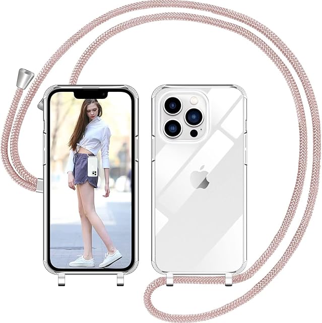 Nupcknn Etui z łańcuszkiem na telefon komórkowy iPhone 13 Pro, etui na telefon komórkowy (zdejmowane), przezroczyste etui ze sznurkiem do zawieszenia, etui ochronne z tworzywa TPU (różowe złoto)