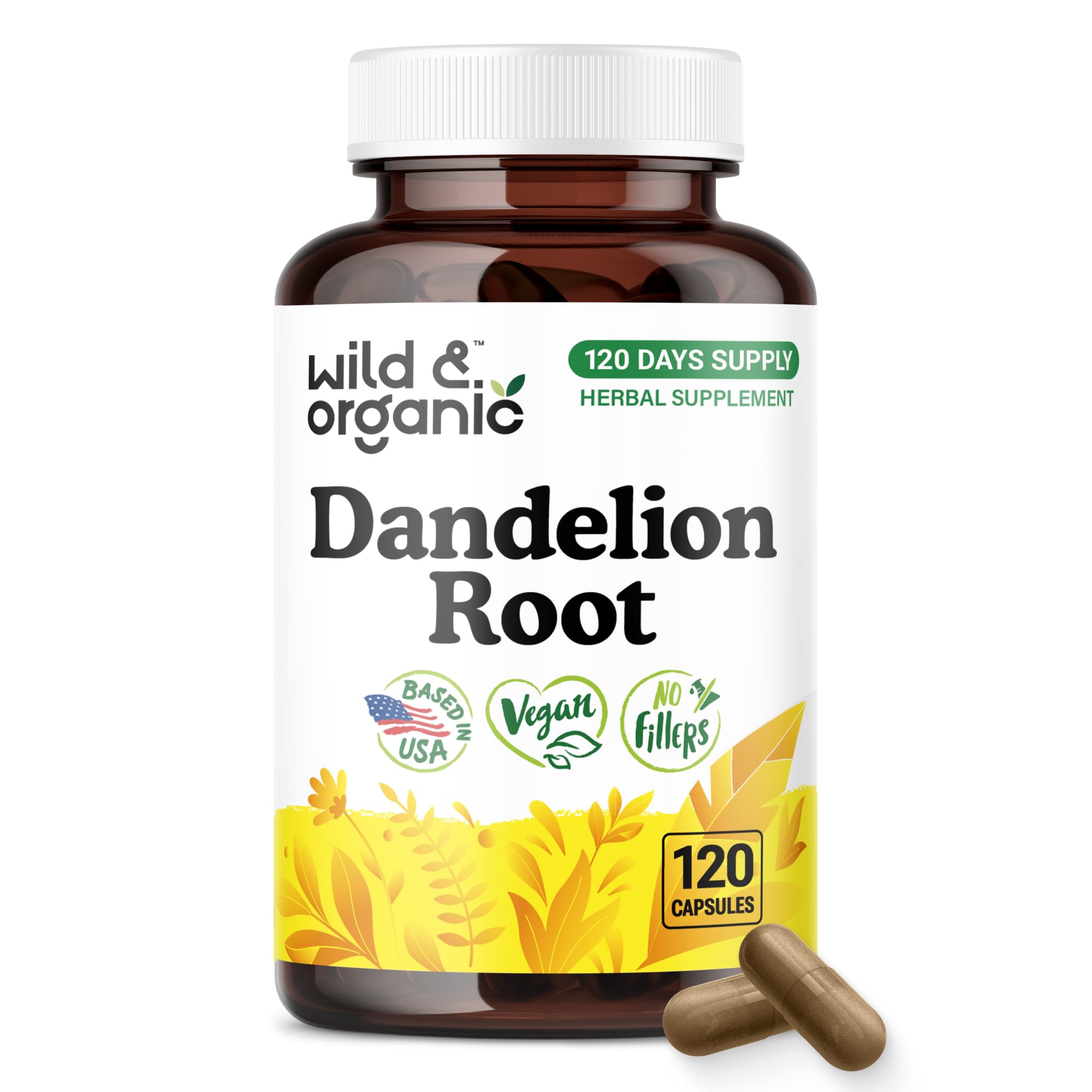 Wild & Organic Dandelion Root Capsules - Liver Detox Support - 120 Count 120 Count (Pack of 1)