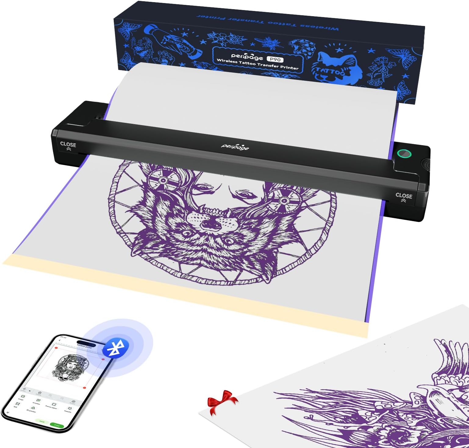 PeriPage P90 Wireless Tattoo Stencil Printer - Professional & Beginner Friendly, Bluetooth & USB Connectivity, Free Stencil Paper Included
