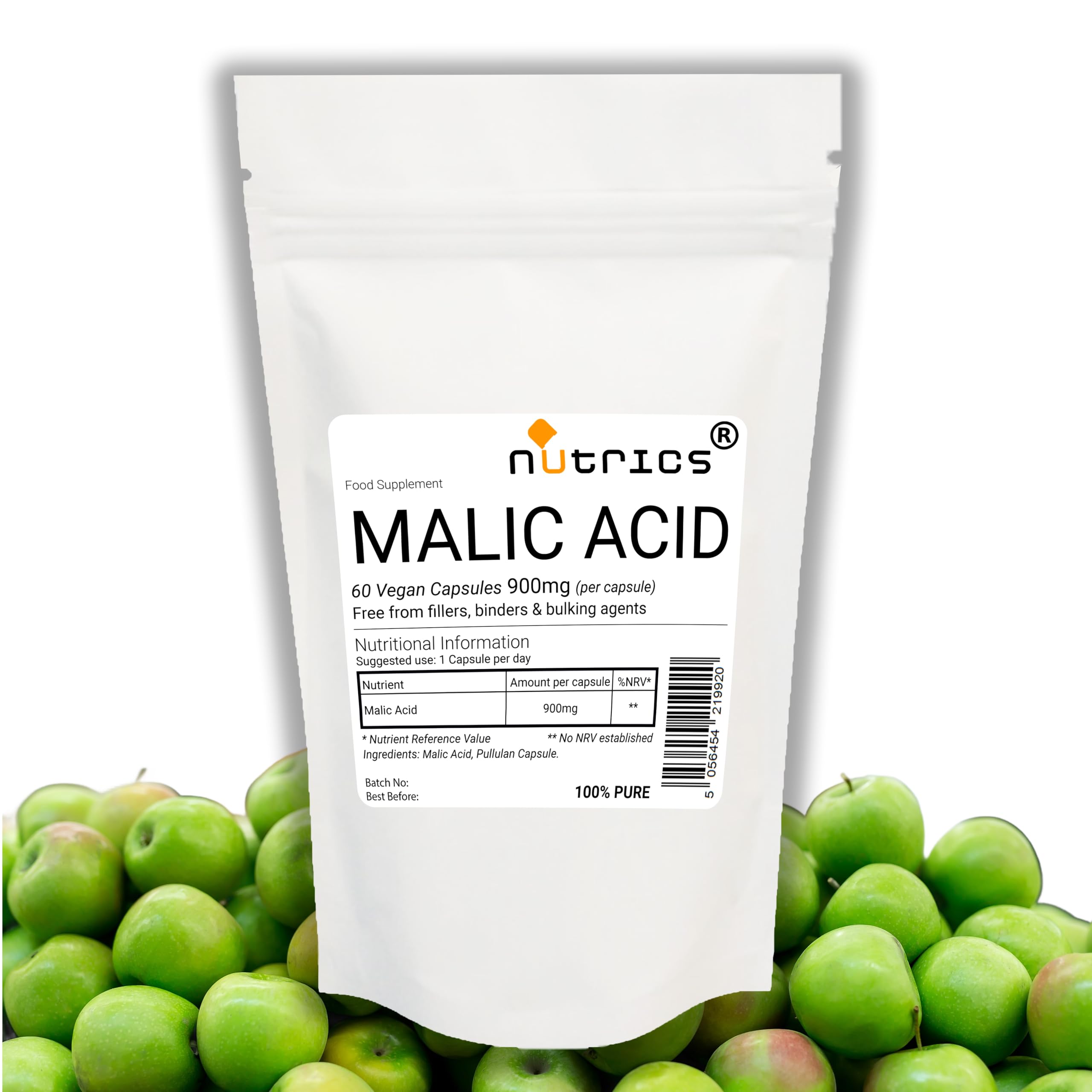 Nutrics® Pure Malic Acid 900mg Capsule - 60 Vegan Capsules (2 Month Supply) - Suitable for Vegan Vegeatarian Diet