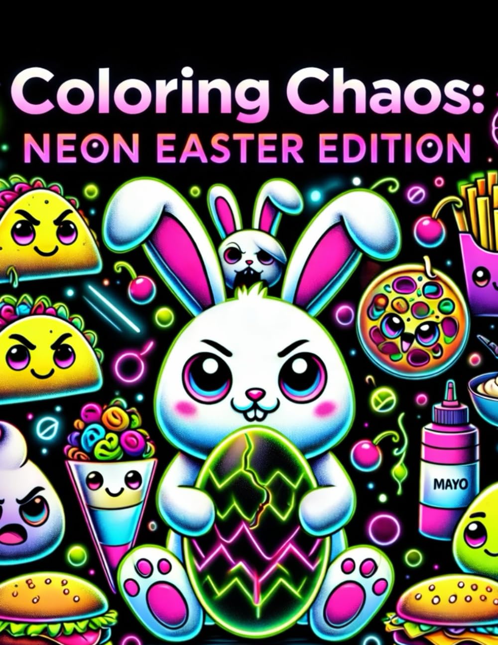 Coloring Chaos: Neon Easter: Dark Humor Adult Coloring Book — High-Contrast Kawaii Food, Bunnies & Eggs