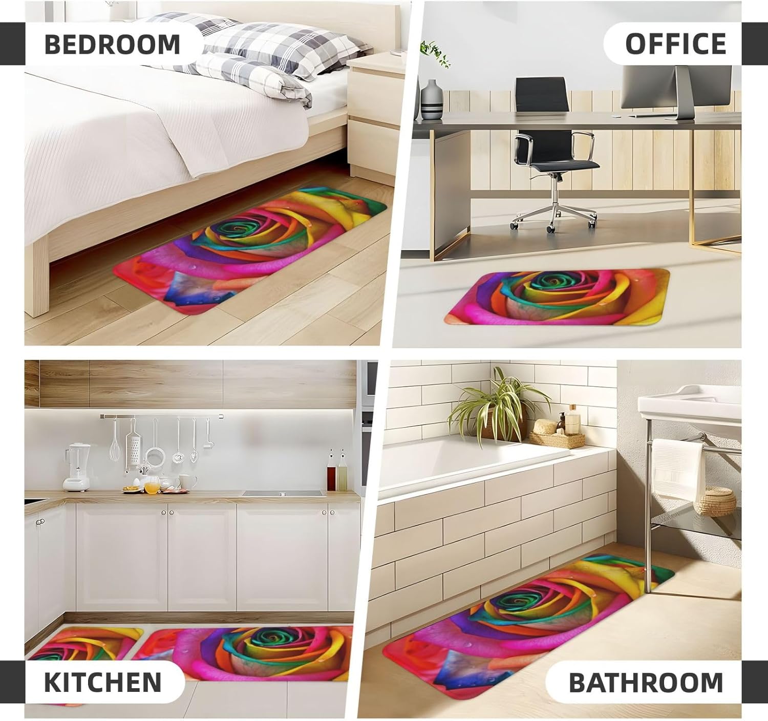 Colorful Rose Kitchen Mat Set of 2, Cushioned Anti Fatigue Kitchen Rugs Non Slip Crystal Velvet Kitchen Floor Mat Comfort Standing Mats for Laundry, Sink, 17 x 29.5+17 x 47.2 Inch