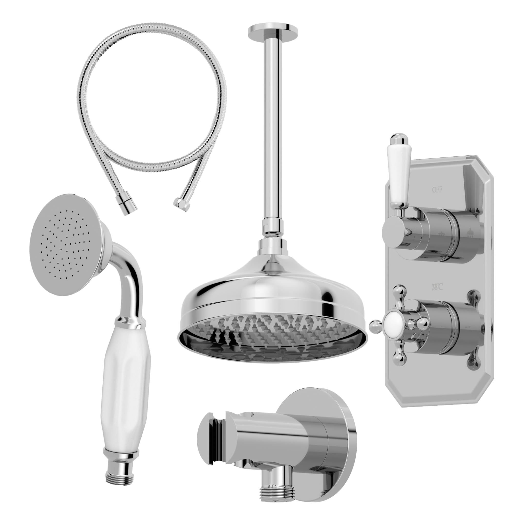 Baystone Chrome Baystone® Bathroom Thermostatic Mixer Shower With Round Rainfall Drencher Head Handset & Concealed Valve Ceiling Mounted Traditional,