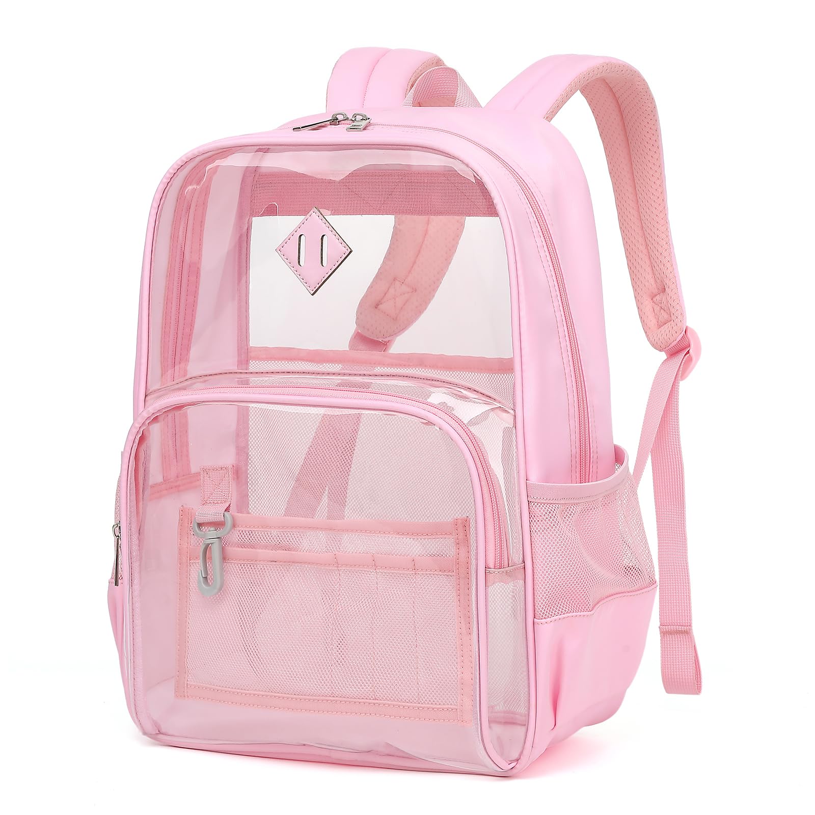 MUSEVOS Clear Backpack, Heavy Duty Bookbag for School, 2-in-1 Design Transparent PVC & Oxford Fabric, for Girls and Women. Pink