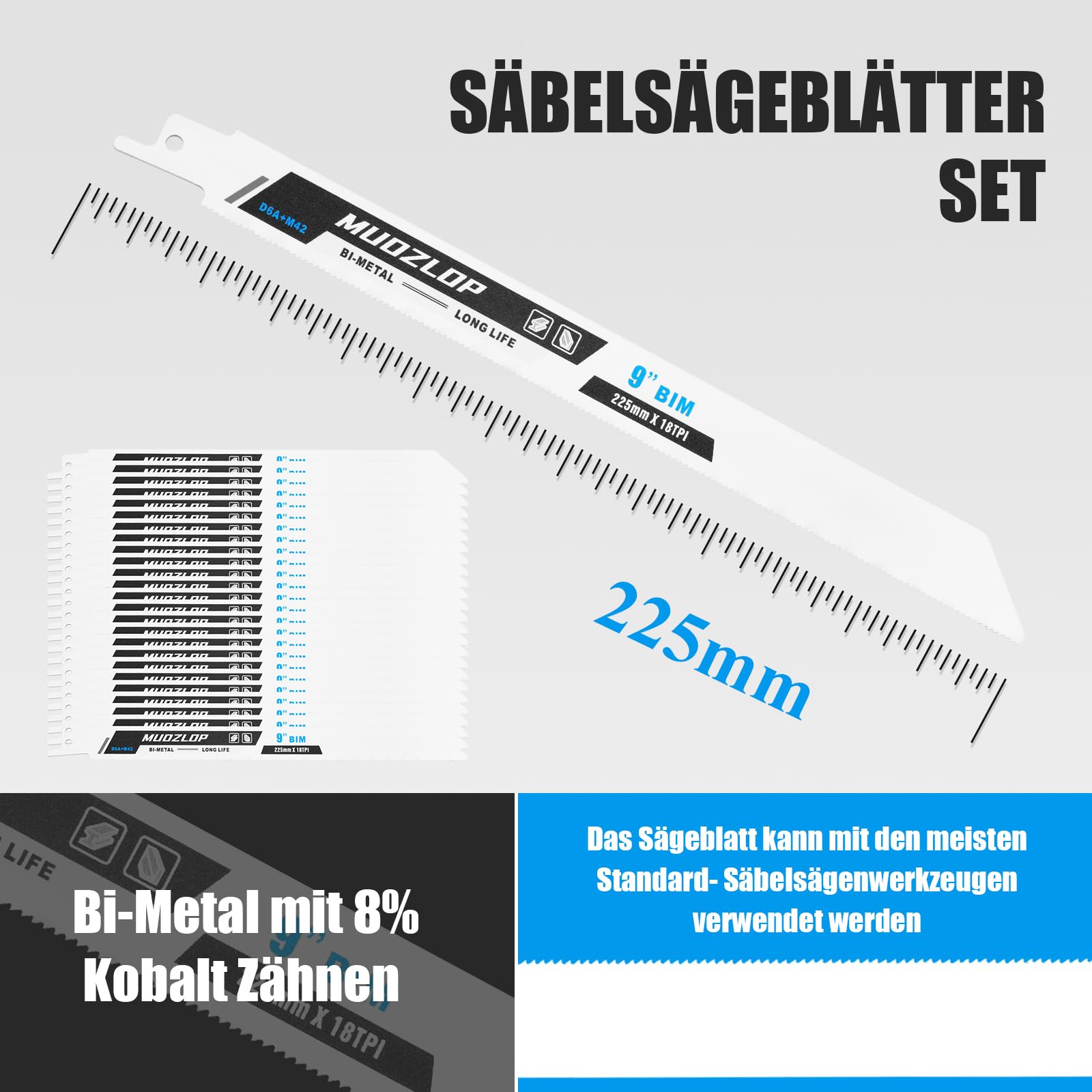 Set di 25 lame per seghetto alternativo da 9 pollici, lama per seghetto alternativo da 18 TPI per seghetto alternativo in legno/metallo (25, 18TPI 225 mm)