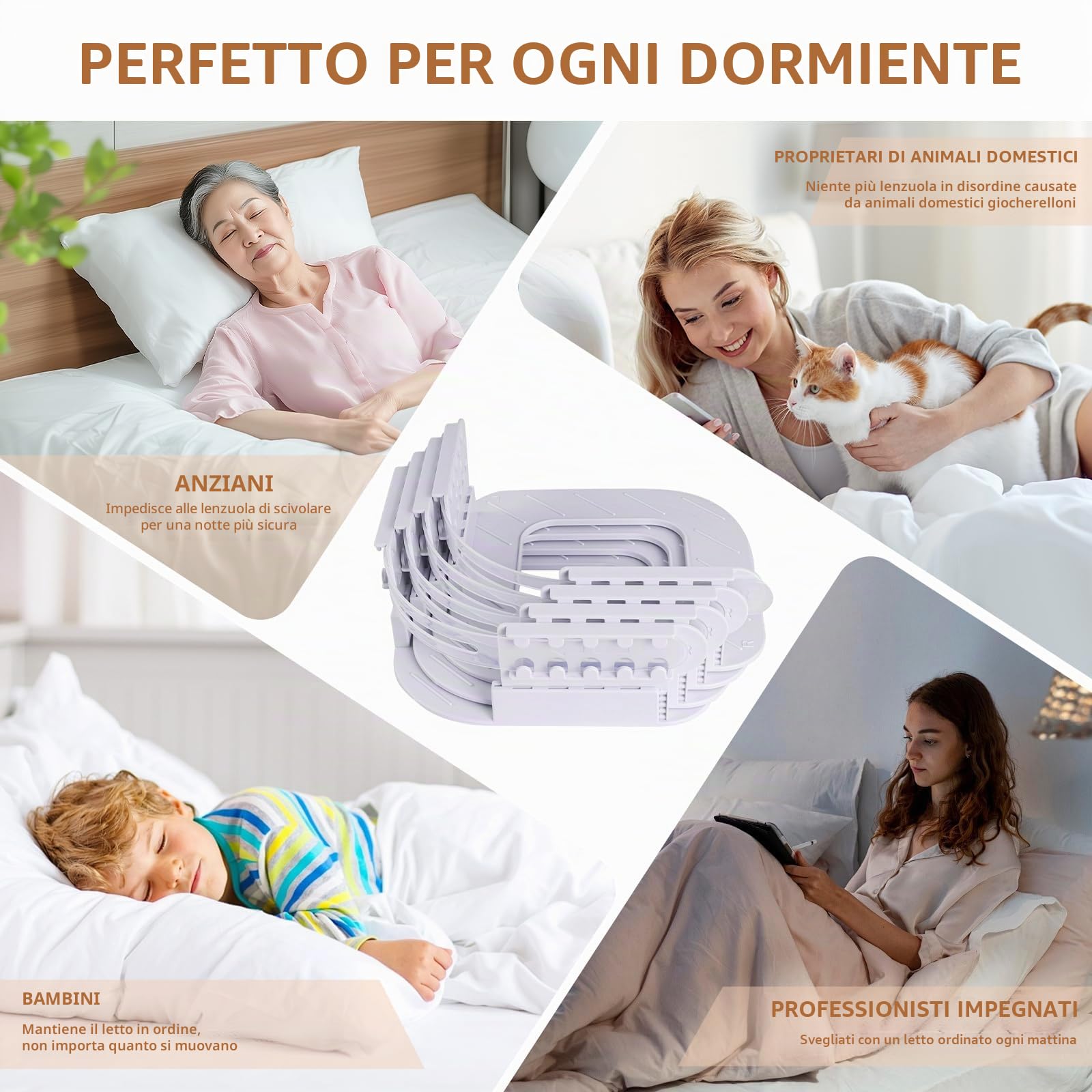 Hainue 4 Pezzi Blocca Lenzuola, Supporto per Blocca Lenzuolo con Strisce di Bloccaggio,Rimovibile,5 Livelli Regolabile in Altezza,per Materasso per Tutte Le Dimensioni(Bianco)
