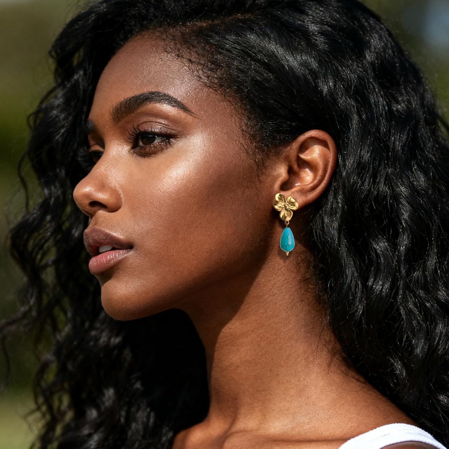 Gold Turquoise Earrings for Women Flower Statement Earrings Western Turquoise Jewelry for Women 14K Gold Plated Floral Dangle Stainless Steel - Image 2