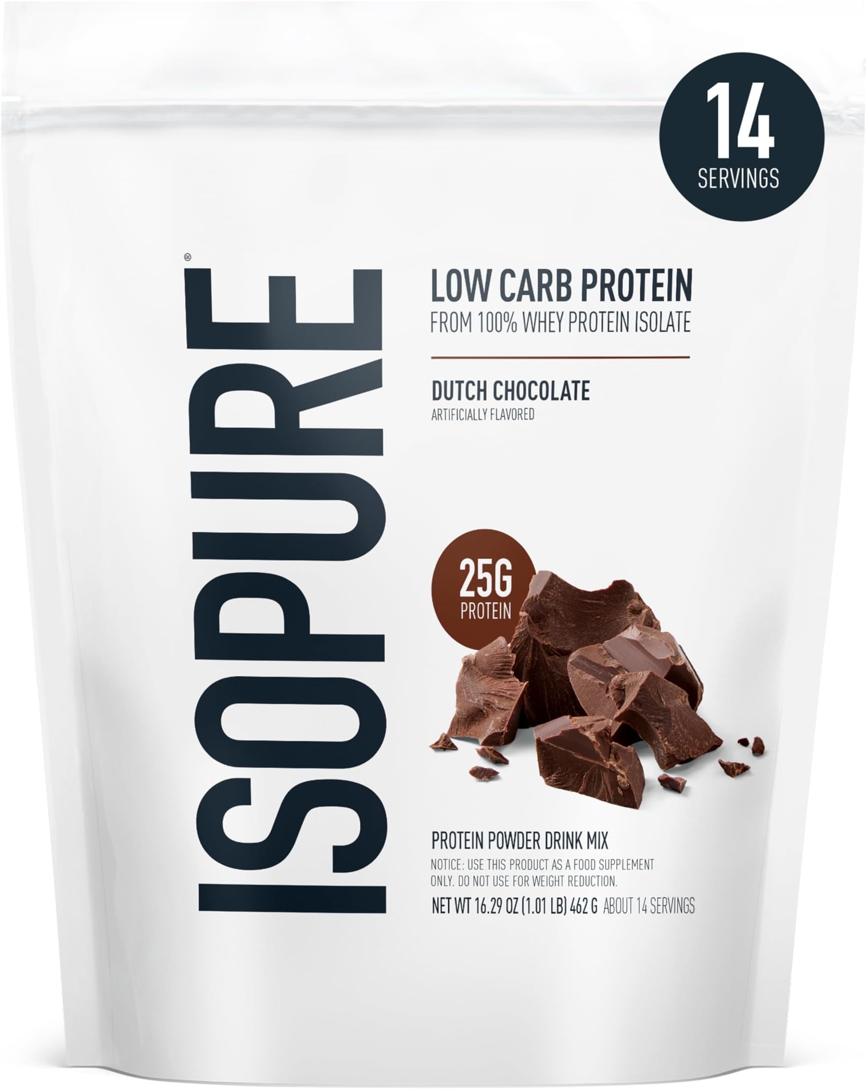 Isopure Low Carb Whey Protein Isolate Powder with Vitamin C & Zinc for Immune Support, 25g Protein, & Keto Friendly - Dutch Chocolate 1 LB, 14 Servings (454 G)
